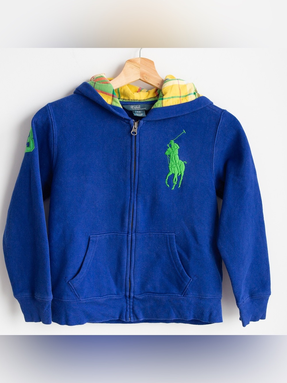 Polo Ralph Lauren Big Pony Zip Hoodie Boys Size 8 Blue Green Plaid